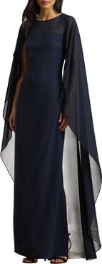 Lauren Ralph Lauren Sheer Cape Georgette Column Gown