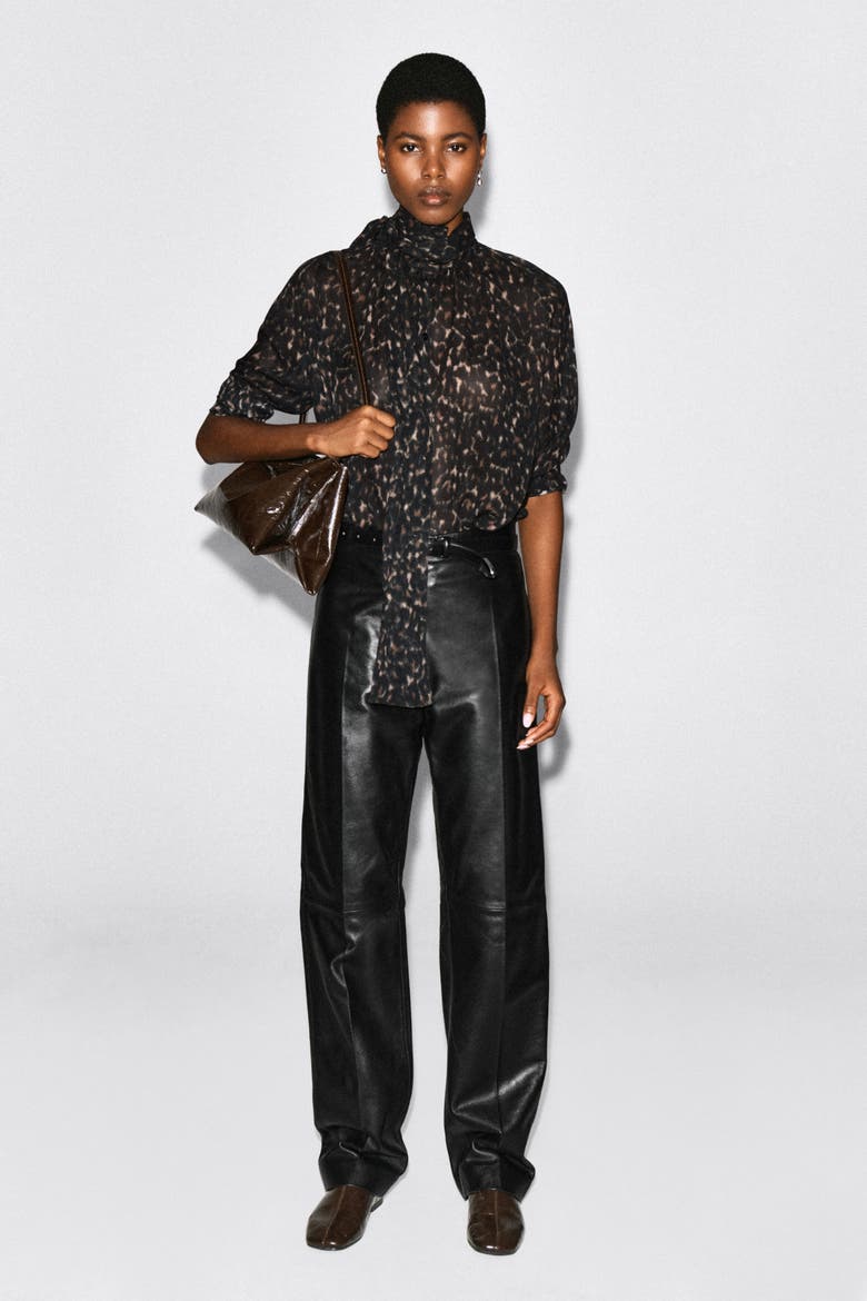 Leopard-print Fluid Scarf-detail Top, Alternate, color, BROWN / LEOPARD PRINT