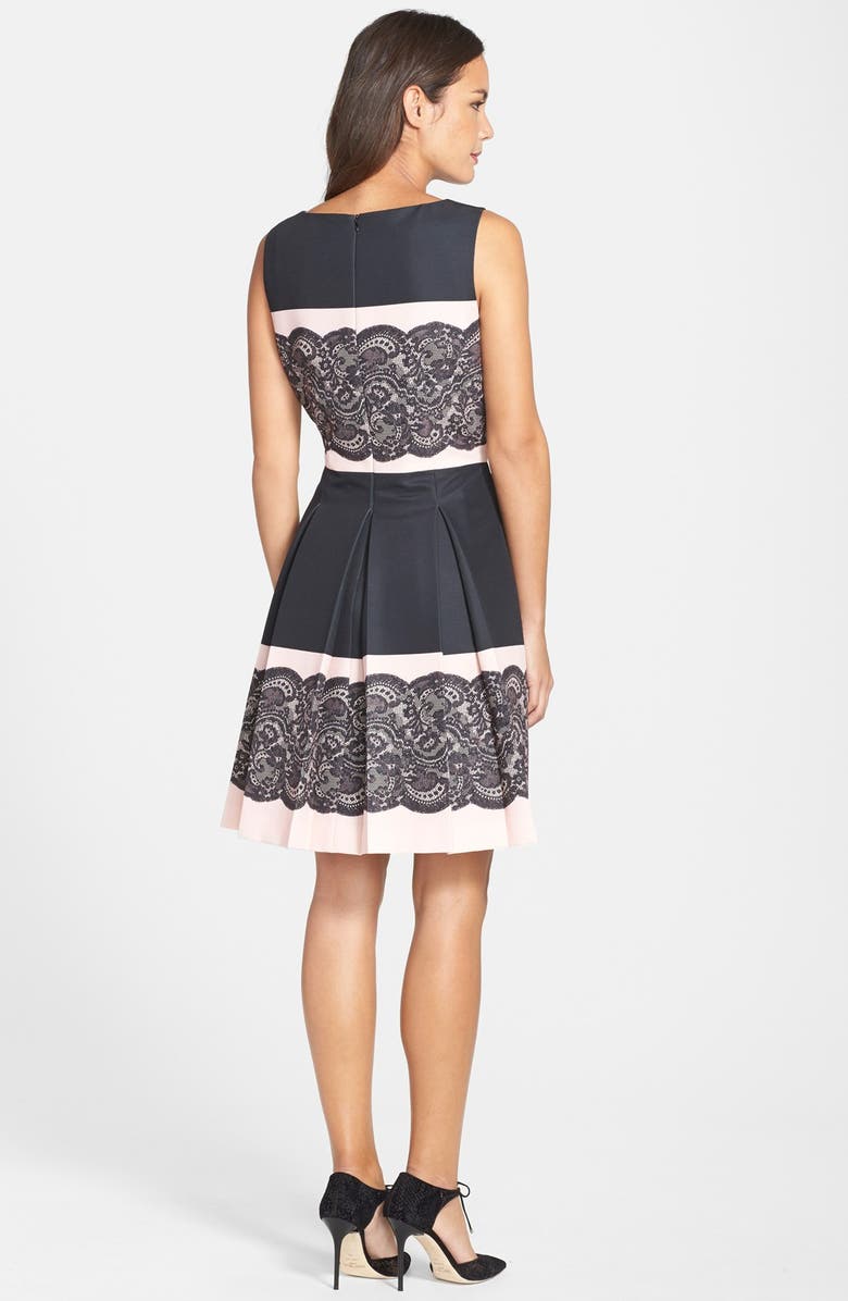 Tahari Lace Print Pleated Fit & Flare Dress, Alternate, color, 