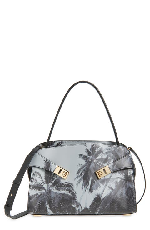 Medium Hug Palm Print Soft Leather Top Handle Bag