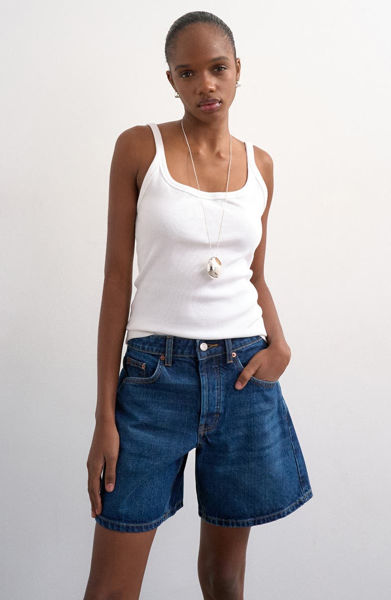 Topshop Editor Mid Rise Denim Shorts, Alternate, color, Mblue