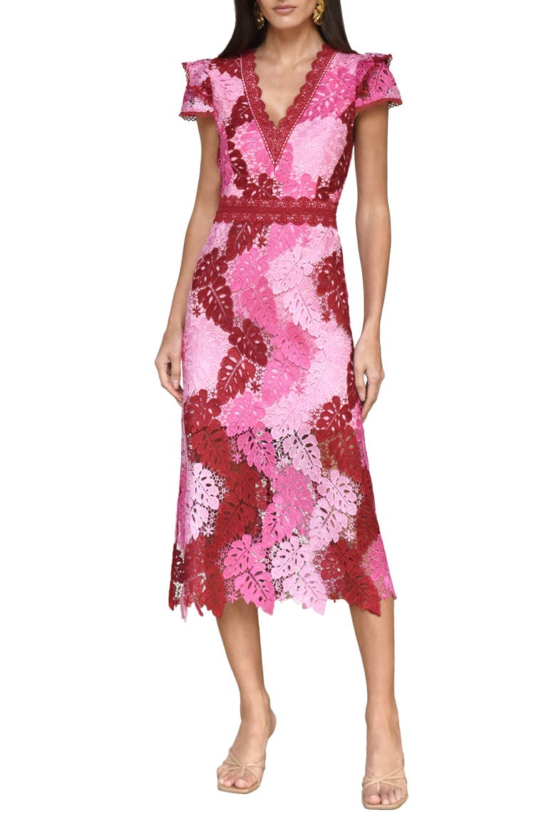 Adeline Palm Lace Midi Dress, Main, color, RED/ PINK