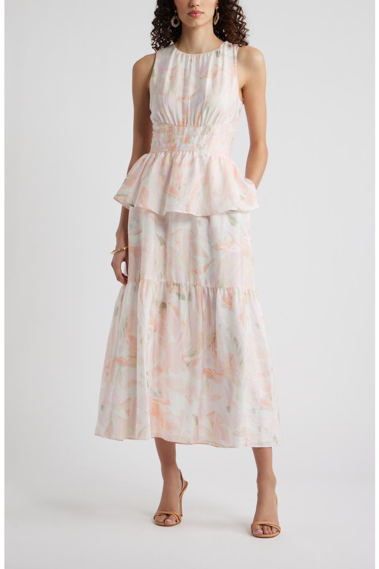Crewneck Seamed Waist Maxi Dress, Main, color, WHITE JARDIN ABSTRACT