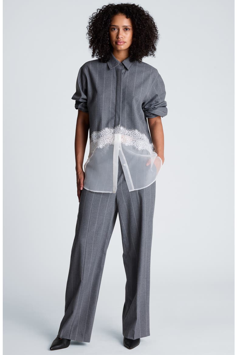 Pinstripe Lace Trim Oversized Button Front Shirt, Alternate, color, MED HEATHER GREY / WHITE