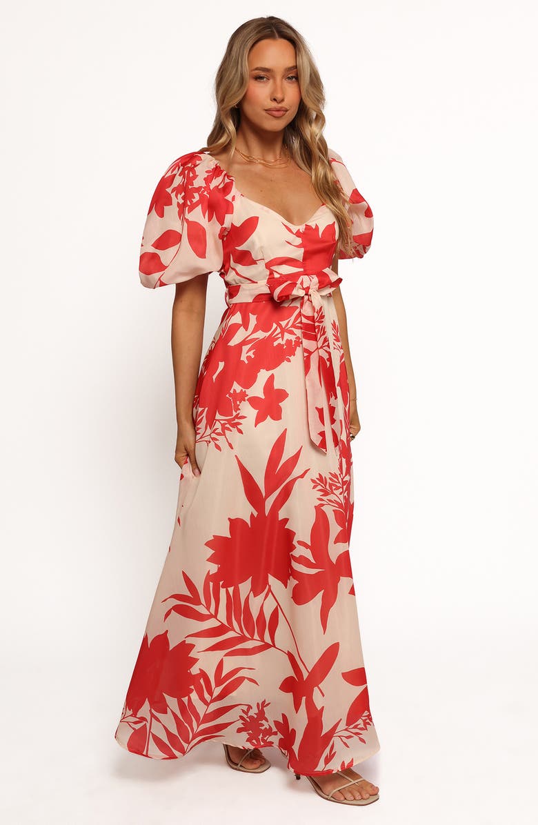 Petal & Pup Ellery Puff Sleeve Tie Waist Dress, Alternate, color, Red Floral