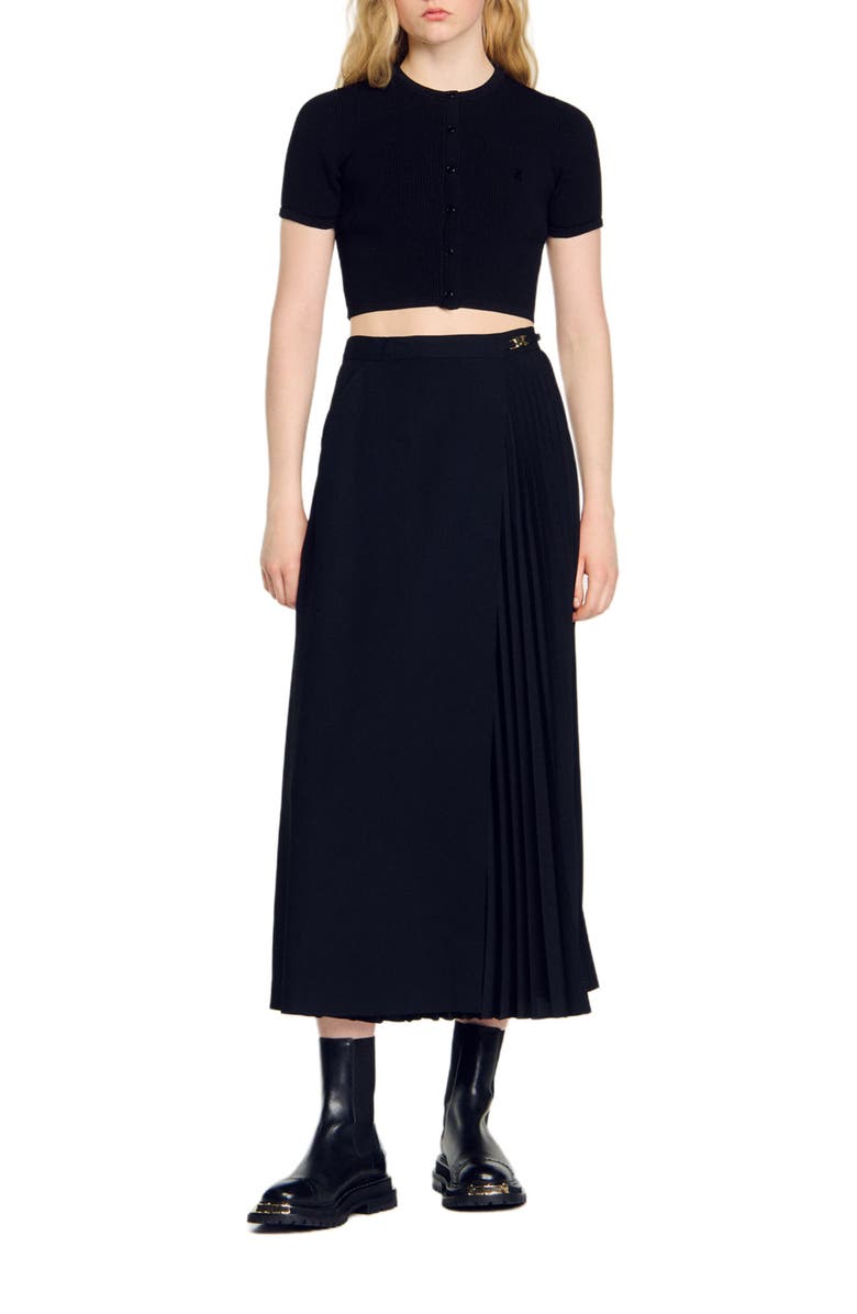 SANDRO Curb chain buckle pleated skirt, Main, color, Black