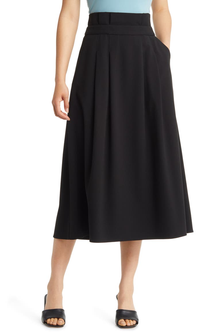 Paperbag Waist A-Line Midi Skirt, Main, color, BLACK