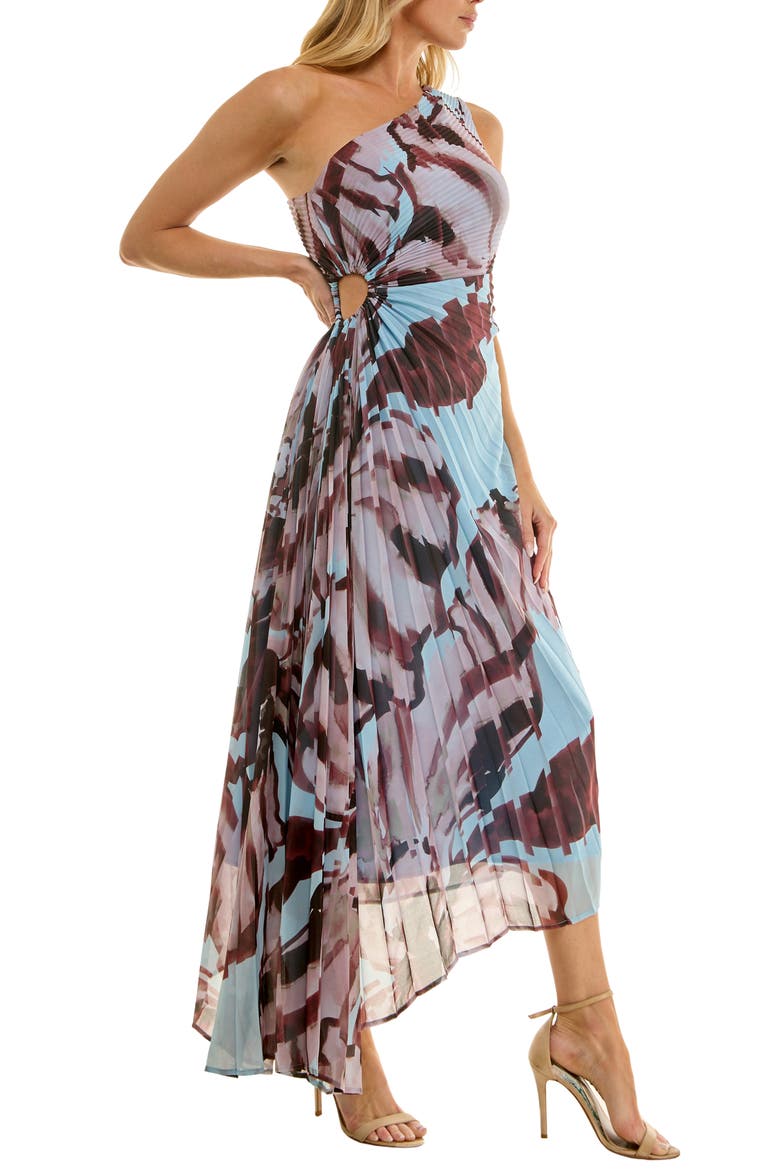 Floral Metallic Stripe One-Shoulder Pleated Dress, Alternate, color, BLUE/ BROWN