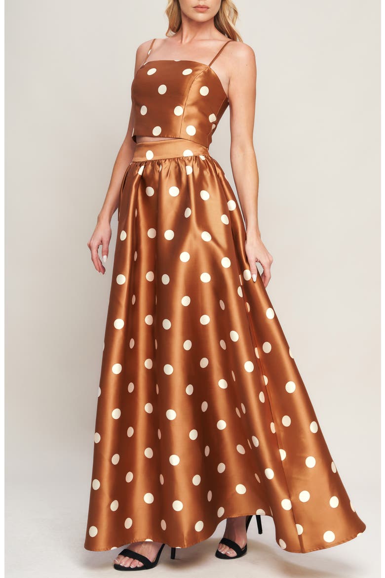 Polka Dot Satin Maxi Skirt, Alternate, color, CARAMEL