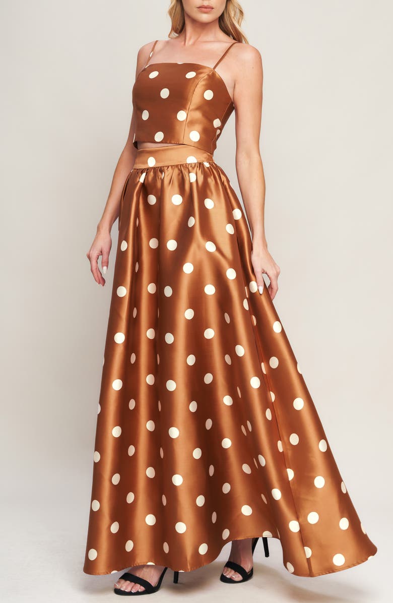 FLYING TOMATO Polka Dot Satin Maxi Skirt, Alternate, color, Caramel