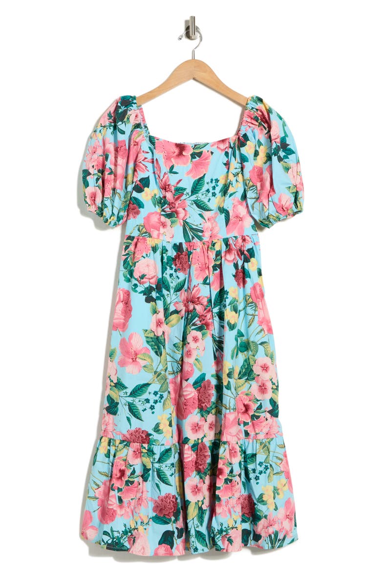 Puff Sleeve Flounce Midi Dress, Alternate, color, AQUA MULTI