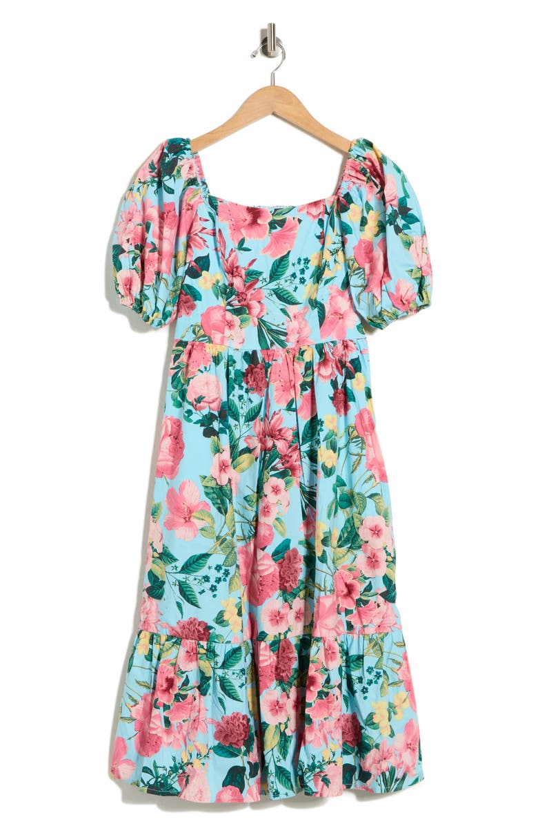 Eliza J Puff Sleeve Flounce Midi Dress, Alternate, color, Aqua Multi