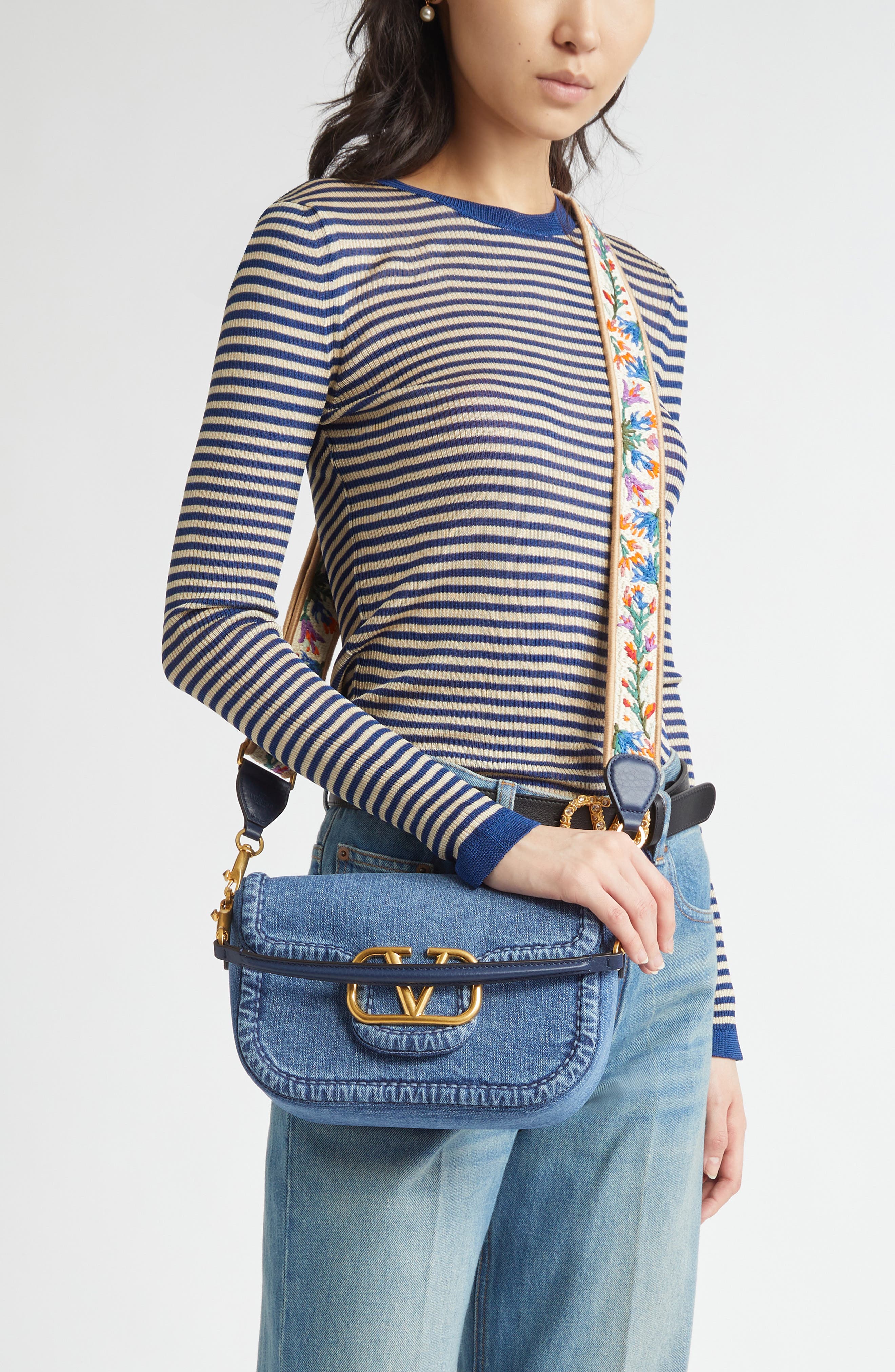 Valentino Garavani Alltime Denim Shoulder Bag, Alternate, color, Dark Denim