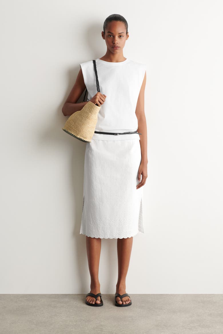 Eyelet Cotton-linen Skirt, Main, color, WHITE
