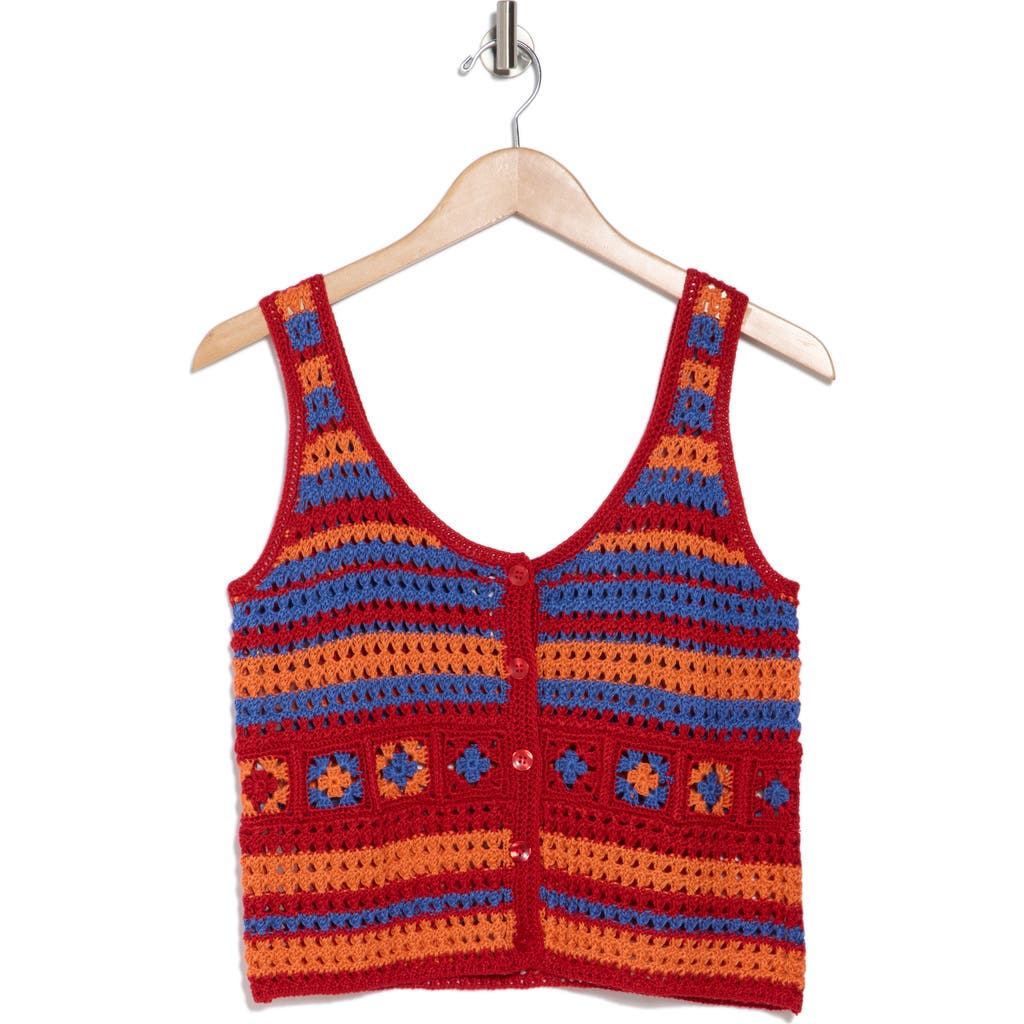 Cotton Emporium Crocheted Square Button Front Tank In Red