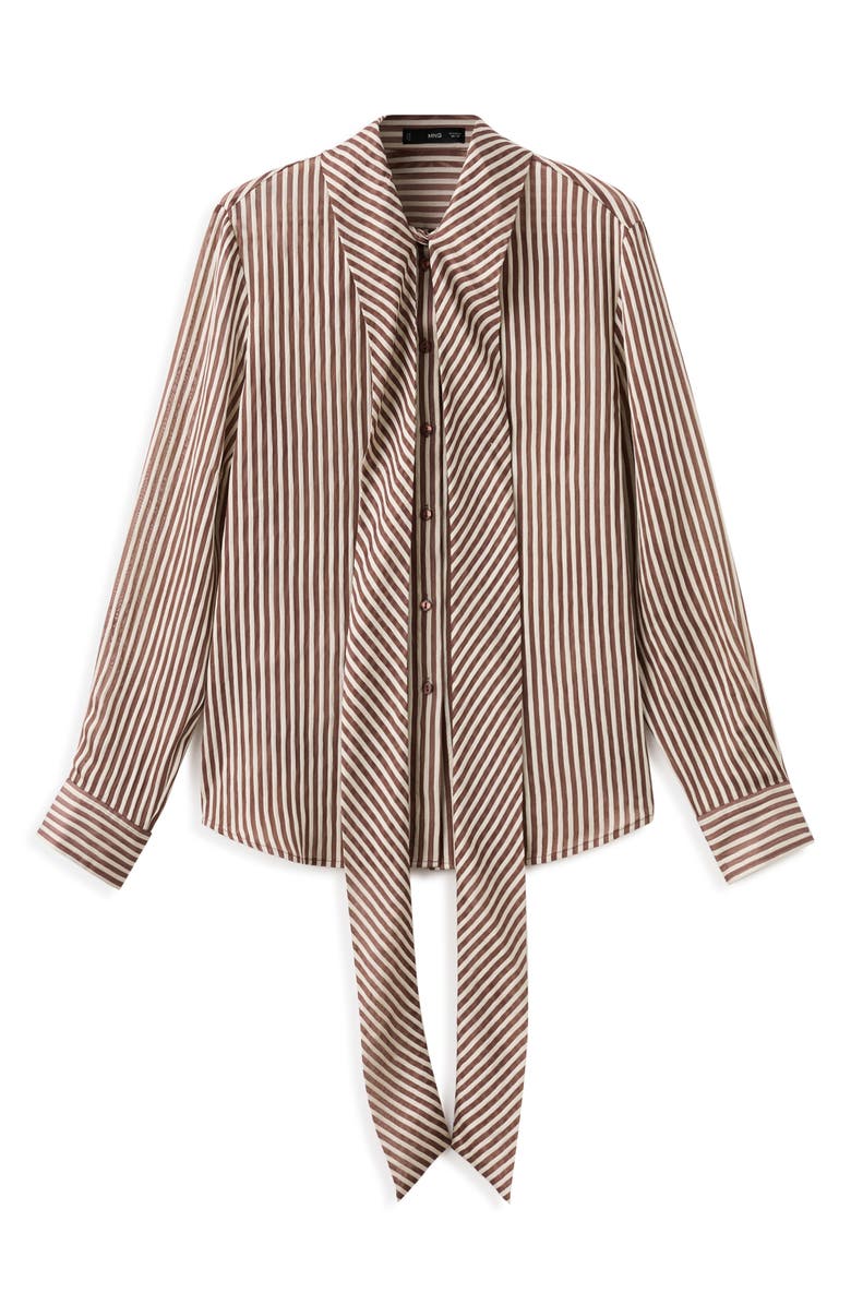 MANGO Stripe Tie Neck Top, Alternate, color, Brown