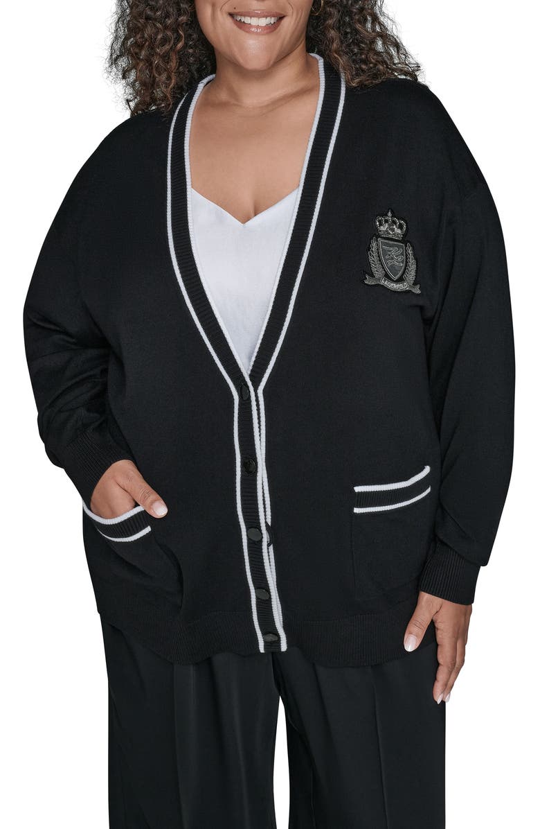 KARL LAGERFELD PARIS Varsity Cardgian, Alternate, color, Black/ Soft White