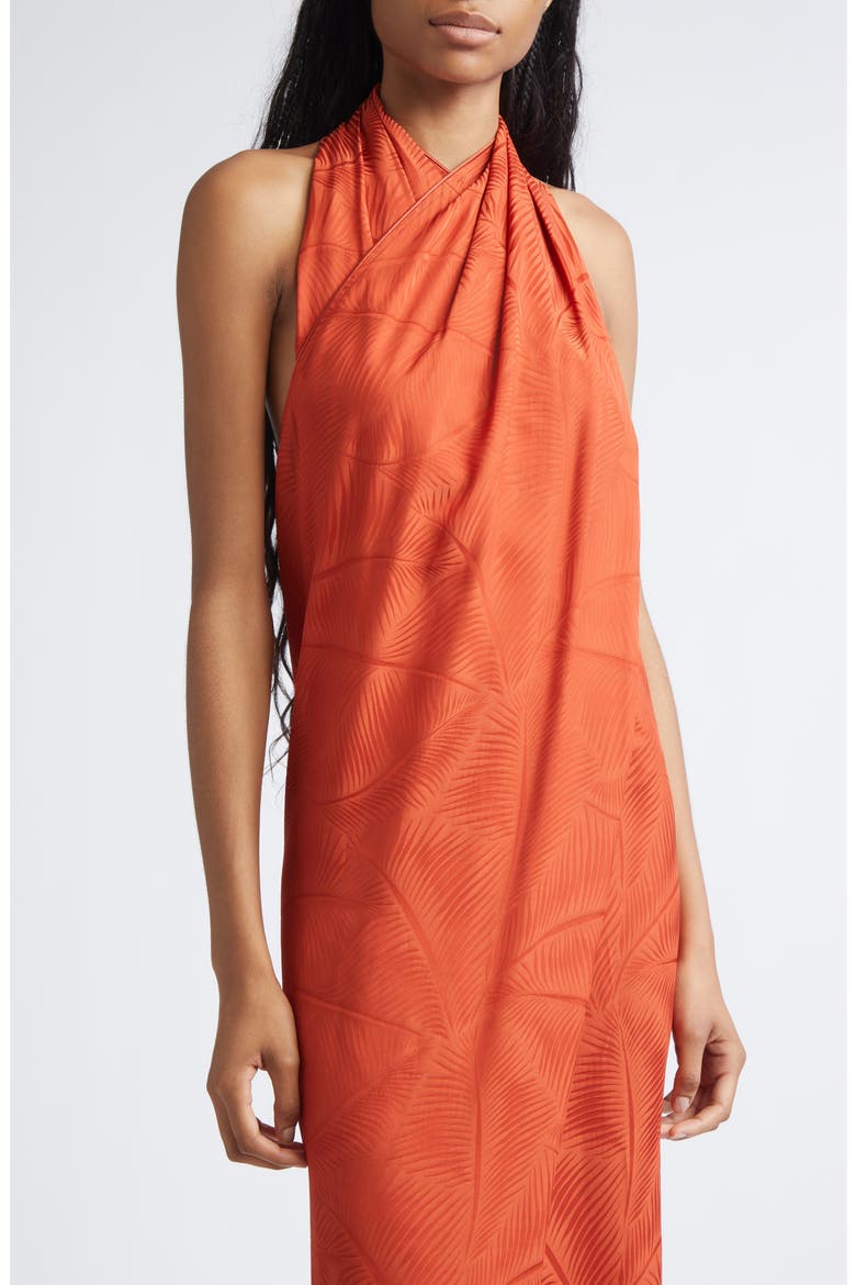 Silent Water Palm Jacquard Drape Satin Top, Alternate, color, RUST