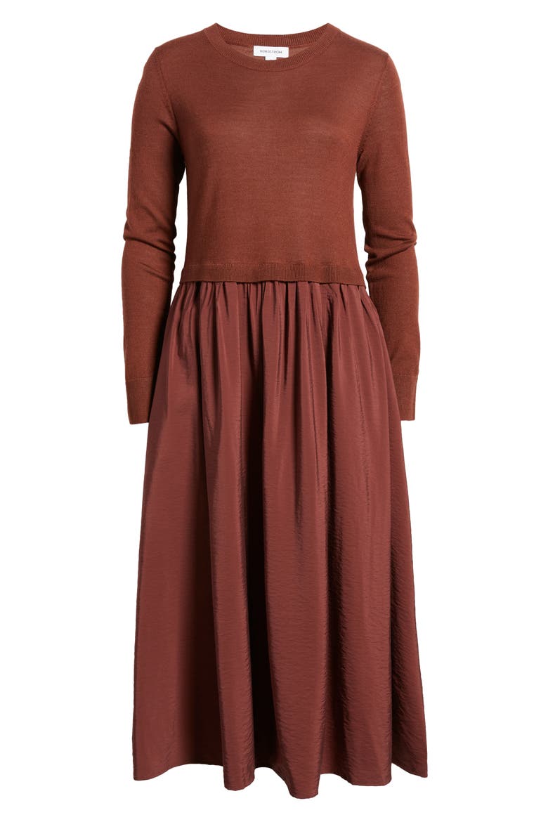 Mixed Media Long Sleeve Midi Dress, Alternate, color, BROWN RAISIN