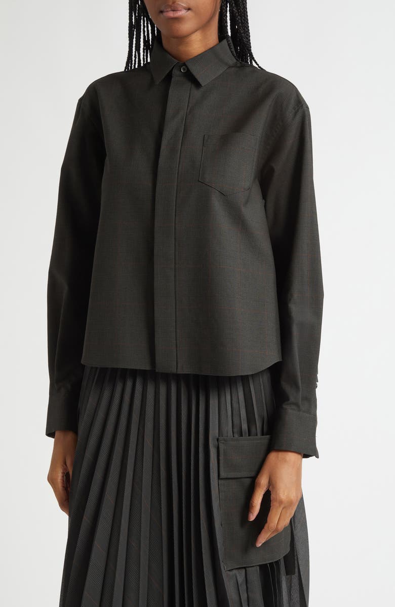 Sacai Glen Check Mixed Media Button-Up Shirt, Alternate, color, Black/ Khaki