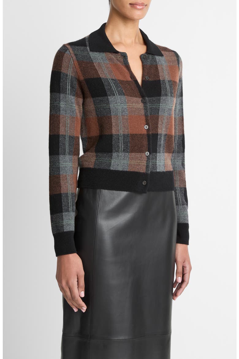Check Plaid Cashmere Cardigan, Alternate, color, CACAO / HEATHER PEWTER / BLACK