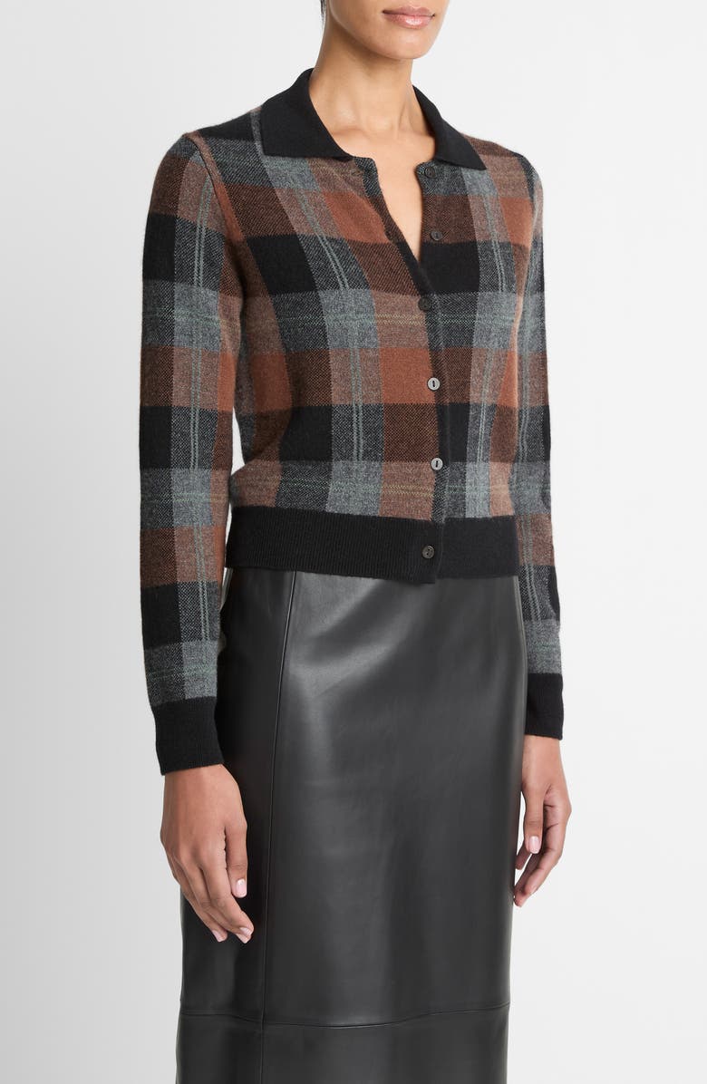 Vince Check Plaid Cashmere Cardigan, Alternate, color, Cacao / Heather Pewter / Black