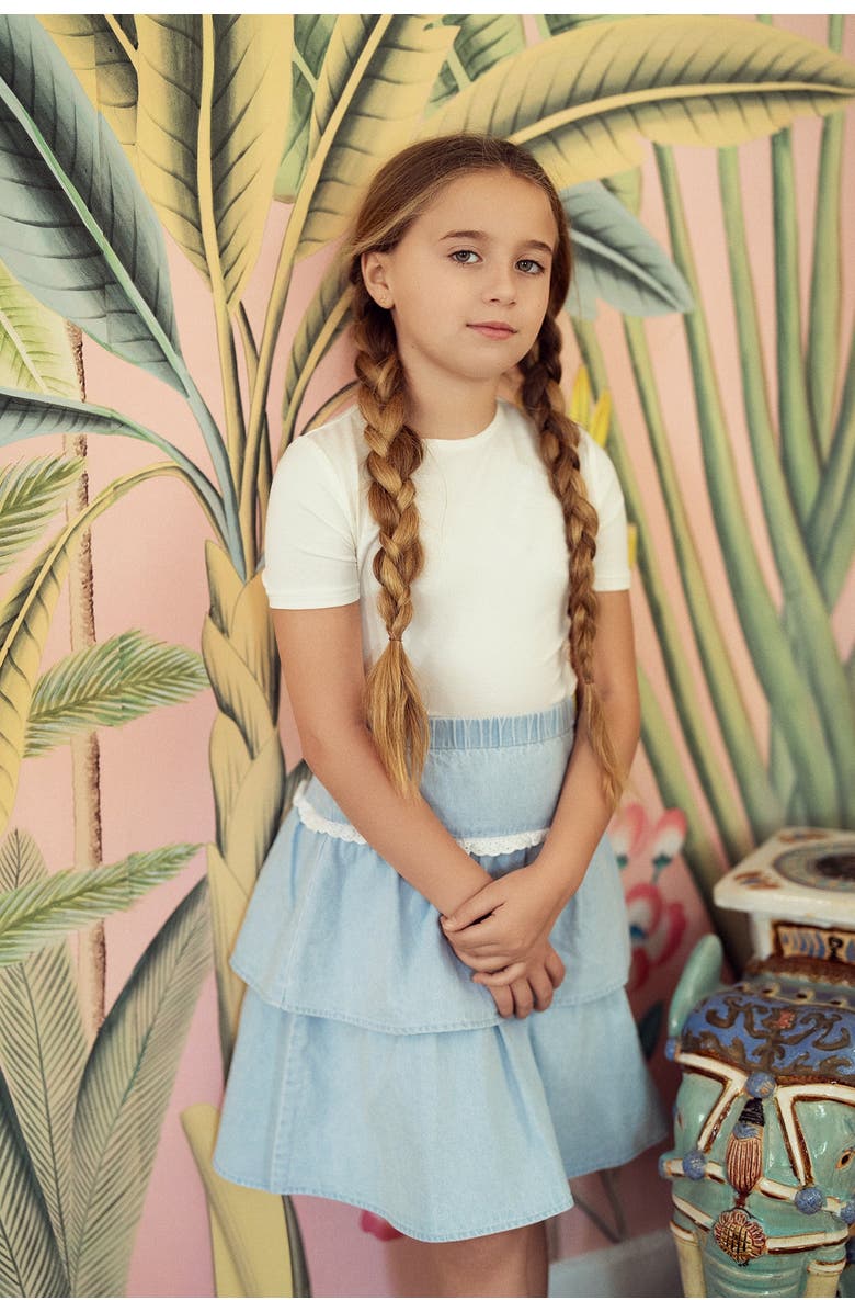 Jolie Capri Denim Cotton Eyelet Lace Trim Tiered Skirt, Alternate, color, Light Denim