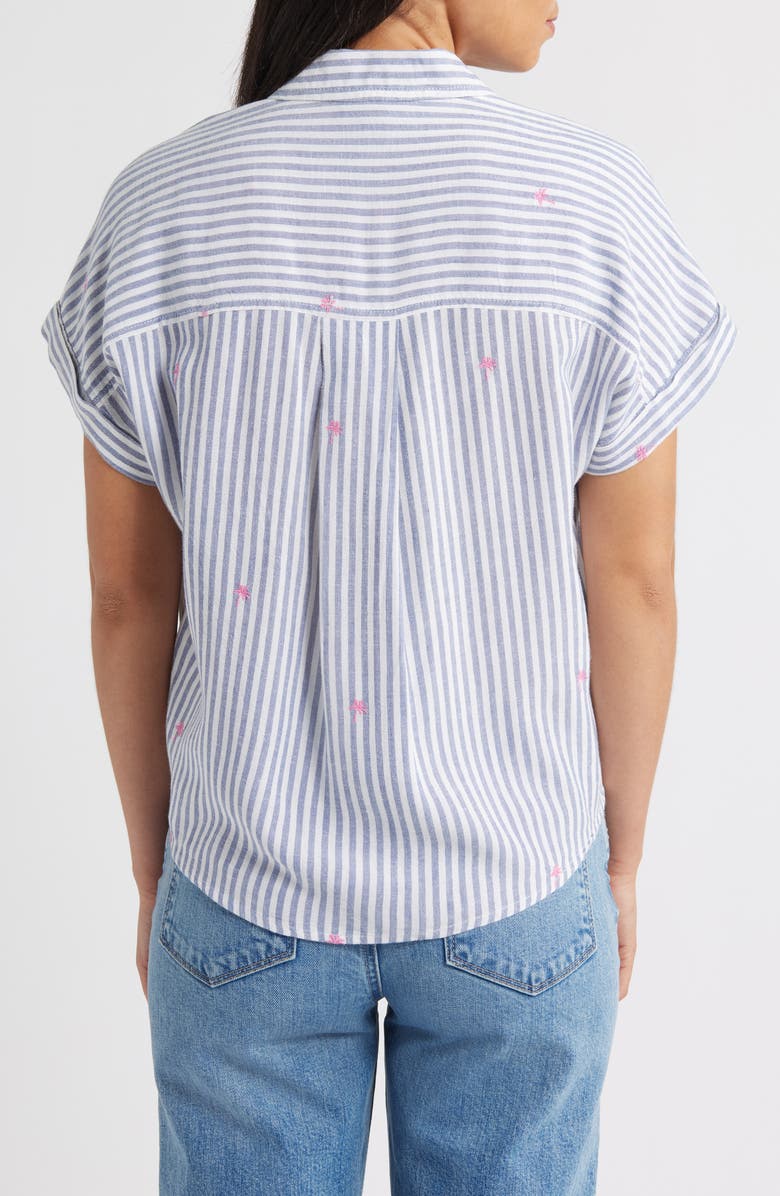 beachlunchlounge Rosie Embroidered Tie Front Short Sleeve Button-Up Shirt, Alternate, color, Cloudy Palms