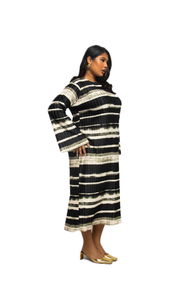 Long Sleeved Striped Plisse Midi Dress, Alternate, color, Khaki
