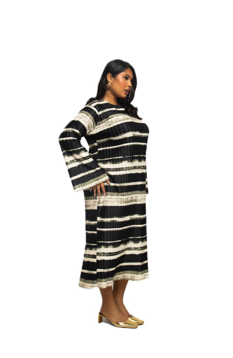 FASHION-SZN CURVE Long Sleeved Striped Plisse Midi Dress, Alternate, color, Khaki