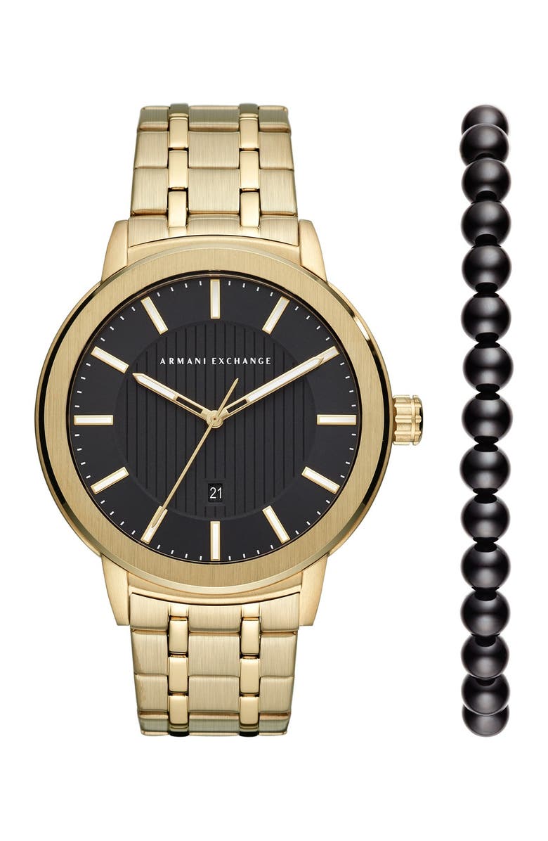 AX Armani Exchange Men's Maddox Brushed Bracelet Watch, 46mm & Beaded Bracelet Set, Alternate, color,