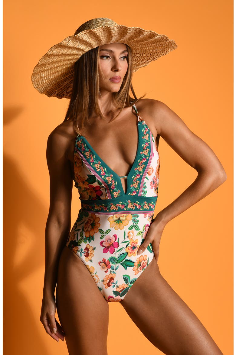 Zen Garden Plunge One-Piece Swimsuit, Alternate, color, BLUE/ GREEN MULTI