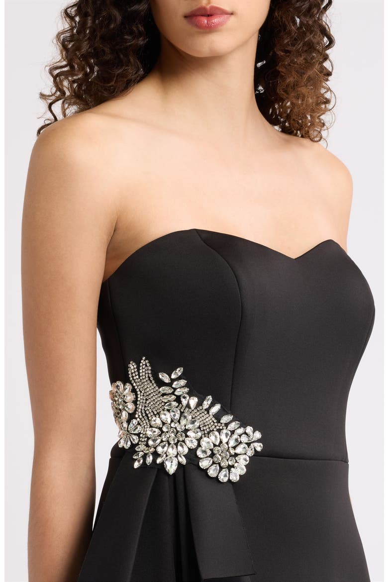 Rhinestone Ruffle Detail Sweetheart Strapless Gown, Alternate, color, BLACK