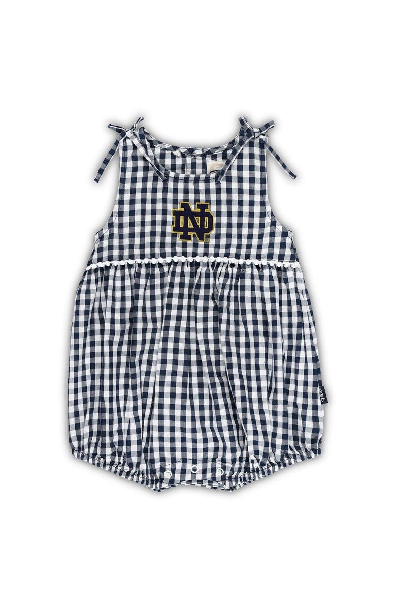 GARB Girls Infant Garb Navy/White Notre Dame Fighting Irish Teagan Gingham Ruffled Romper, Alternate, color, 