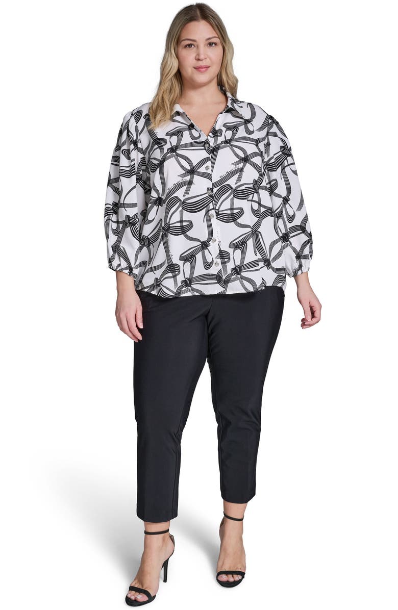 KARL LAGERFELD PARIS Bow Print Crepe Button-Up Shirt, Alternate, color, Soft White/ Black Multi