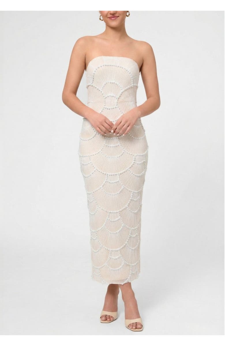 RACHEL Rachel Roy Gaia Strapeless Pearl Midi Dress, Main, color, White