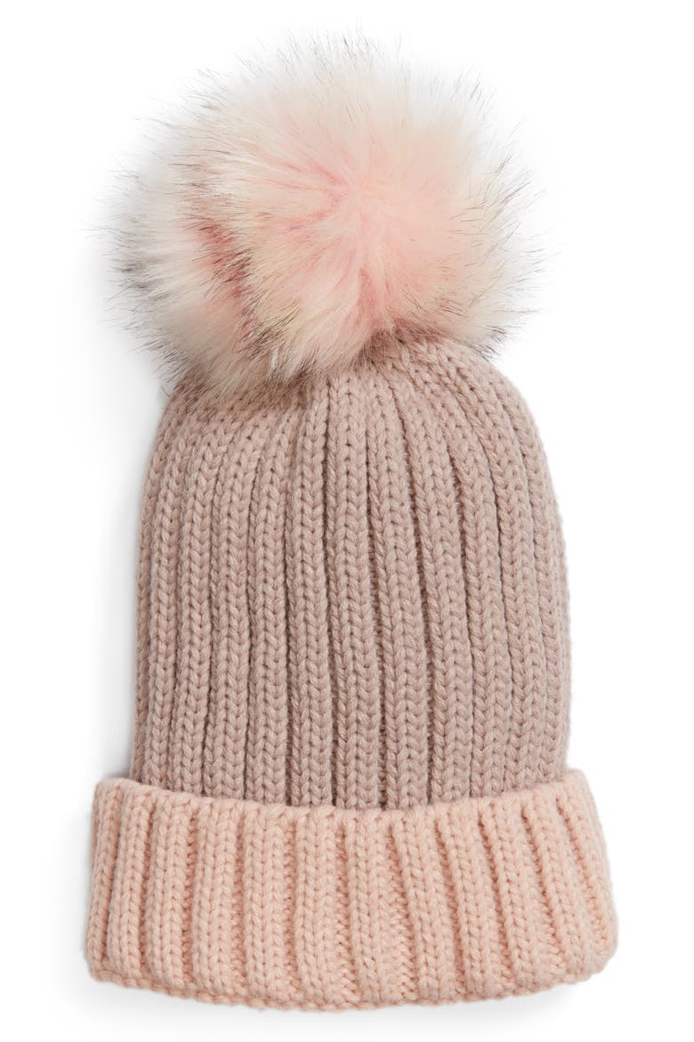 Two Tone Pompom Beanie, Main, color, PINK/ MAUVE