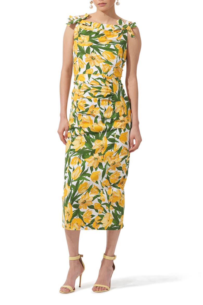 Tulip Print Ruched Midi Dress, Main, color, WHITE MULTI