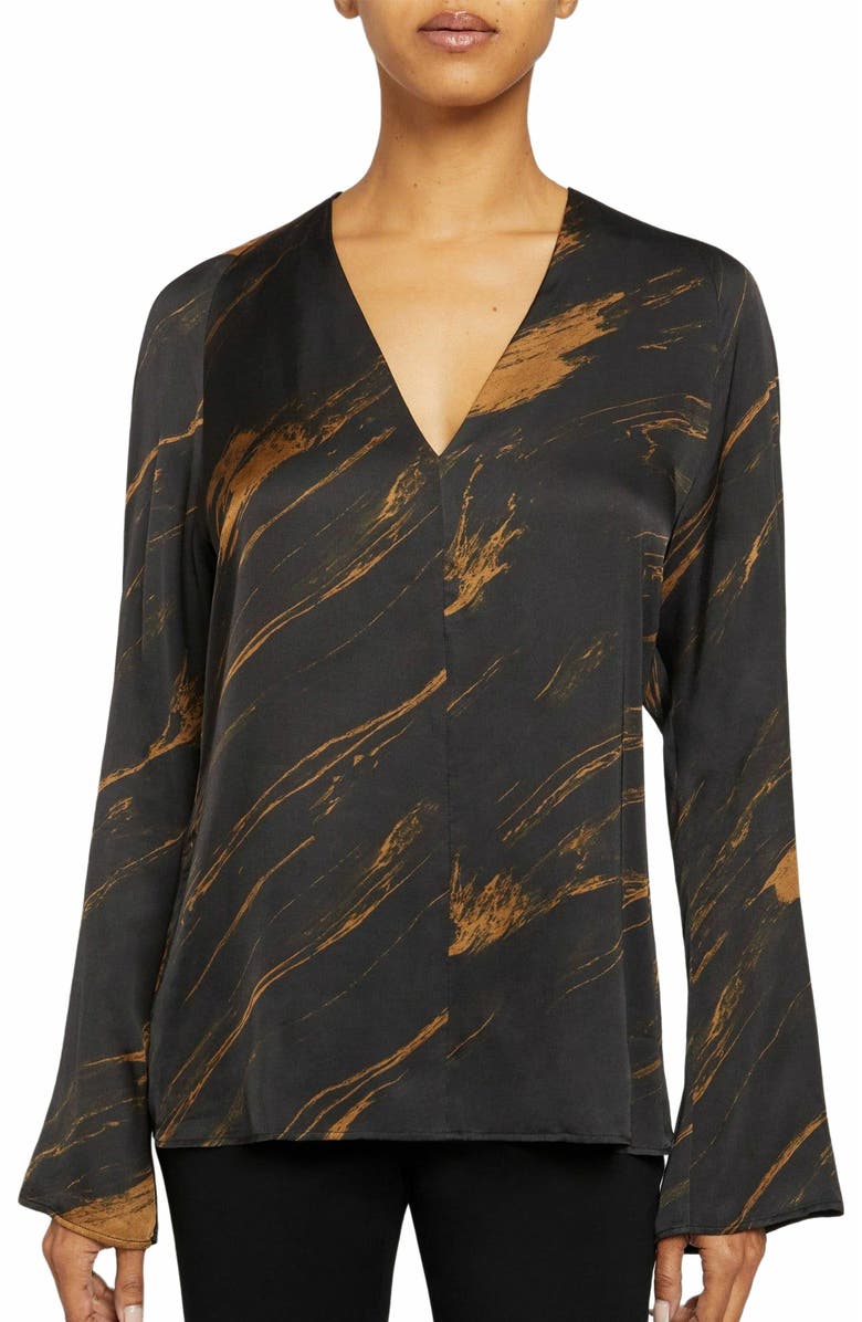 Santorelli ZURI Silk Long Sleeve V-Neck Blouse in Abstract Crepe, Main, color,