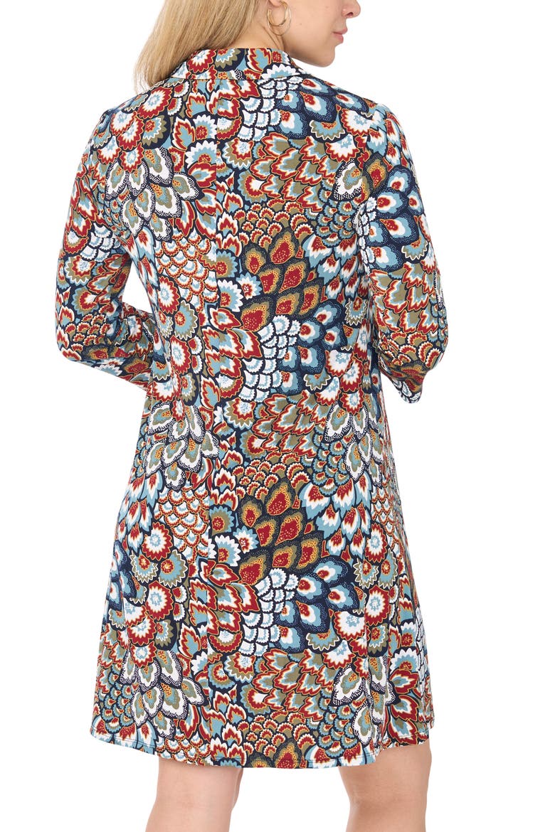 Print Stand Collar Ring Zip Swing Dress, Alternate, color, NAVY PEONY