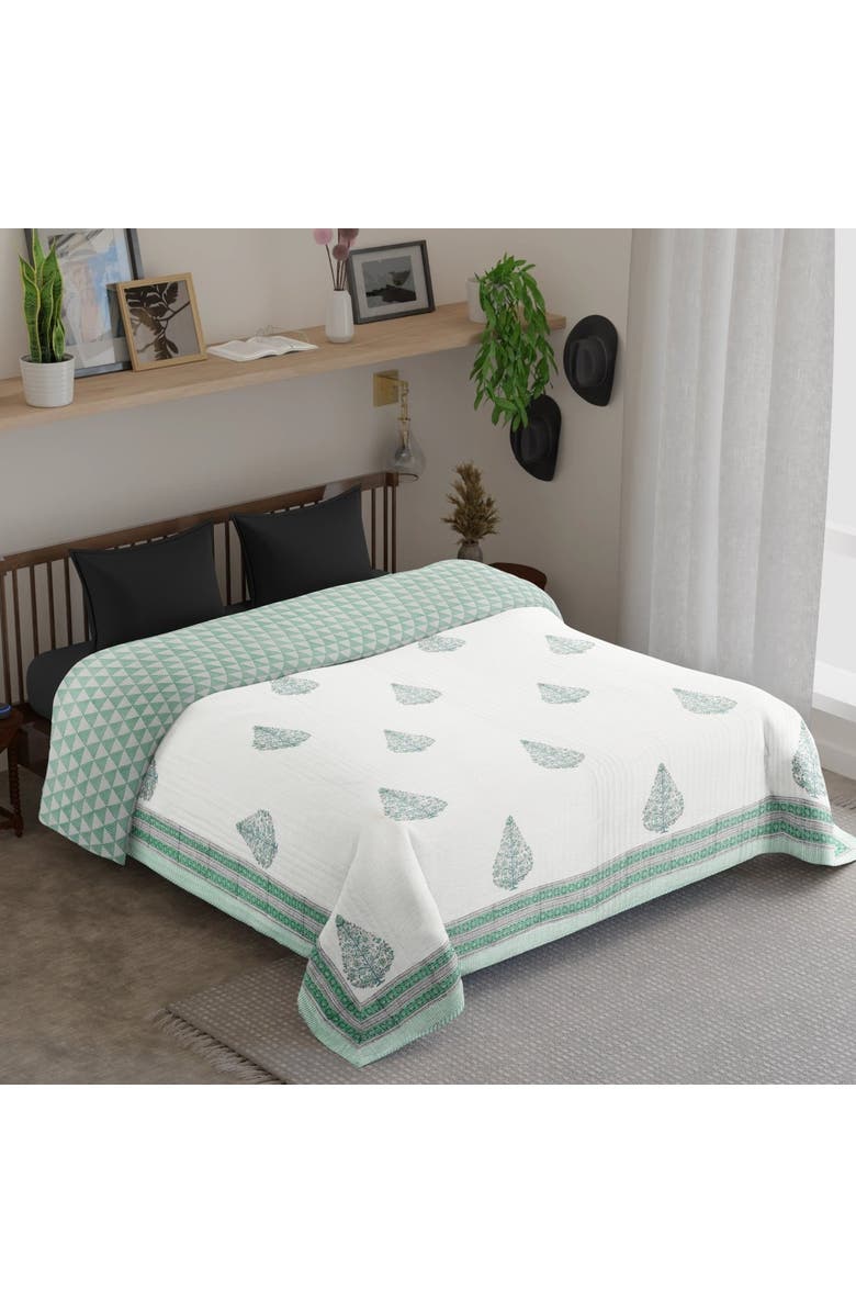 Mela Artisans Fine Cotton Quilted and Reversible Double Bed Cover, Alternate, color, Teal