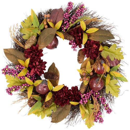 Northlight Mums And Pomegranates Artificial Fall Harvest Twig Wreath, 24-inch In Brown