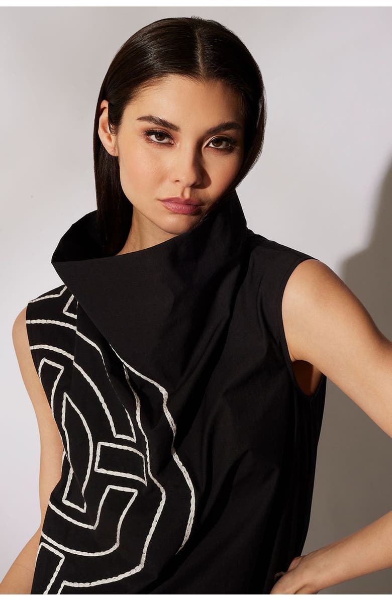 Natori Tech Cotton Taffeta Funnel Shift Dress w/ Embroidery, Alternate, color, Black