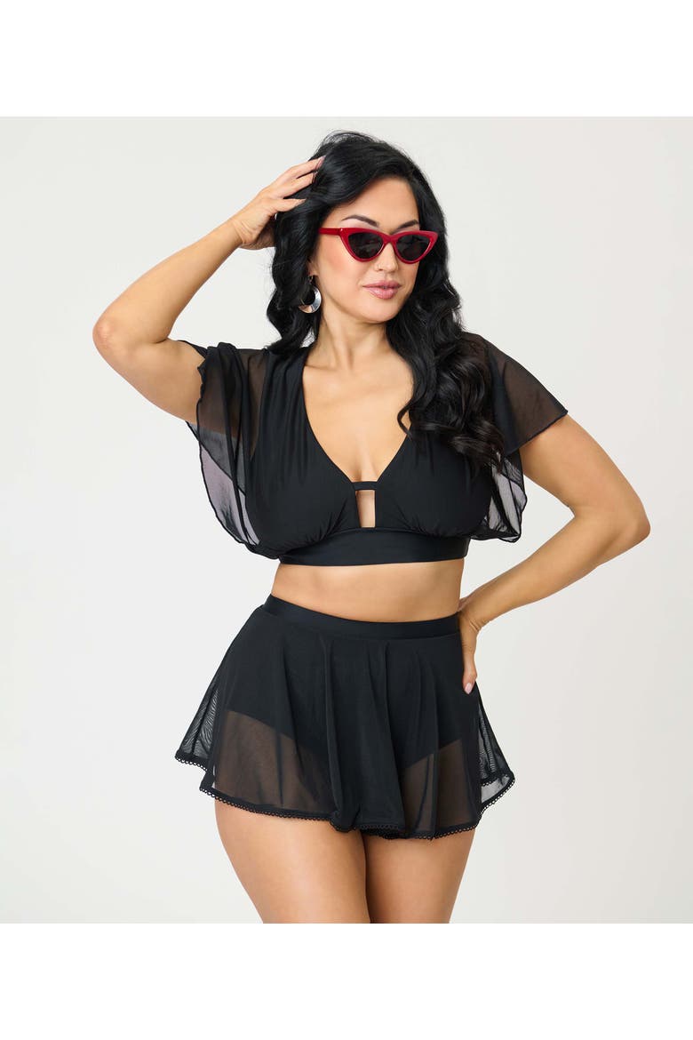 Flutter Sleeve Swim Top, Alternate, color, Solid Black