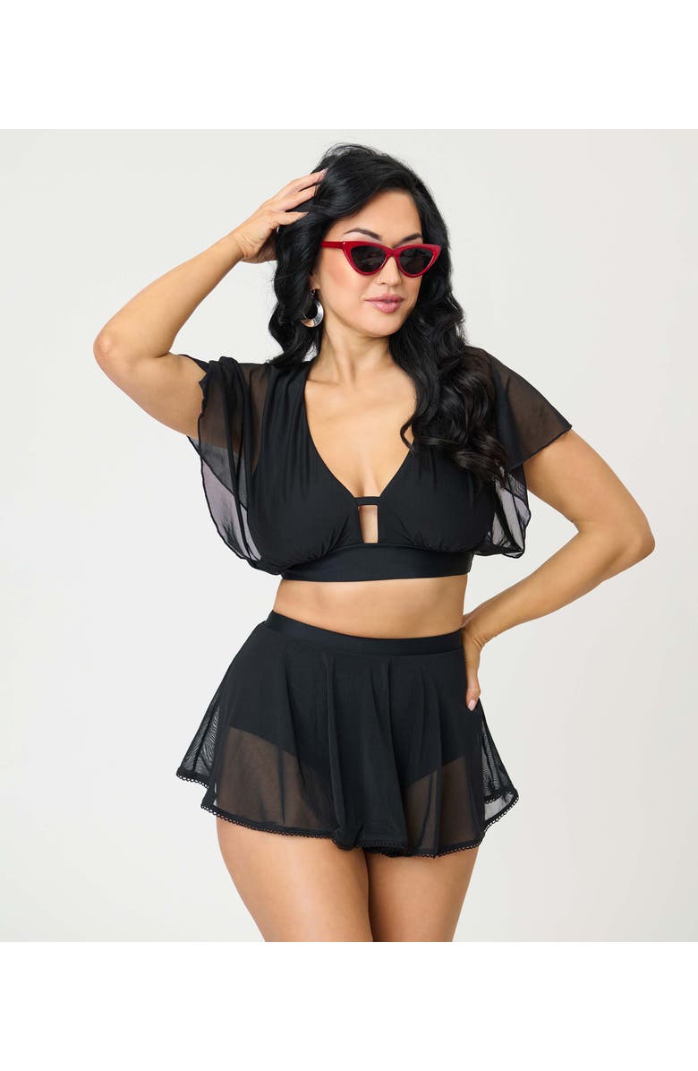 Unique Vintage Flutter Sleeve Swim Top, Alternate, color, Solid Black