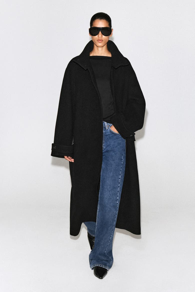Belted Wool-Blend Mock-Neck Coat, Alternate, color, BLACK