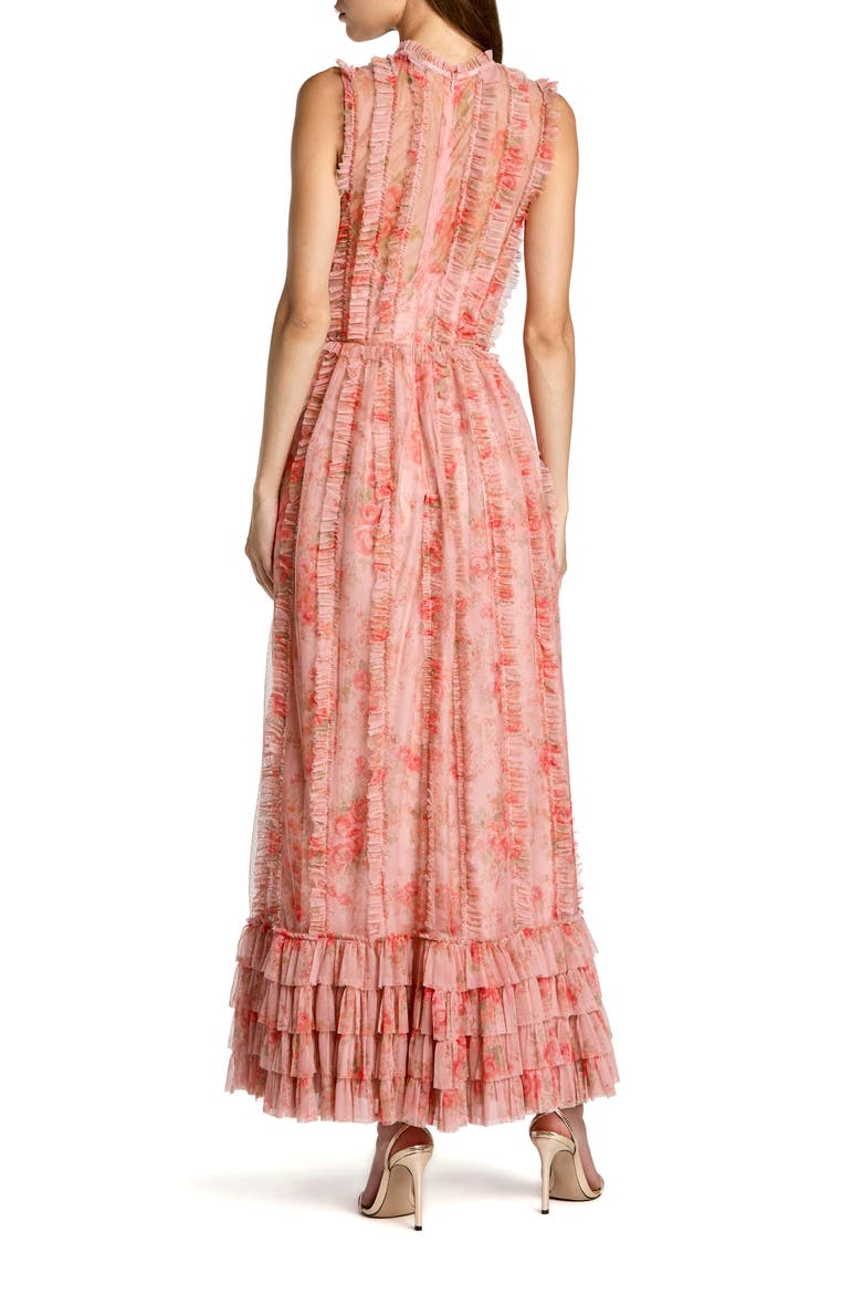 Floral Mesh High Neck Micro Ruffle Midi Dress, Alternate, color, Rose Multi