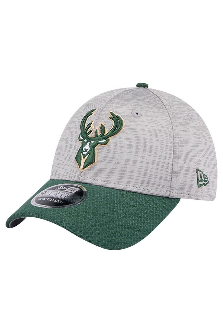 Men's New Era Heather Gray/Hunter Green Milwaukee Bucks Active Digi-Tech Two-Tone 9FORTY Adjustable Hat, Main, color, Heather Gray