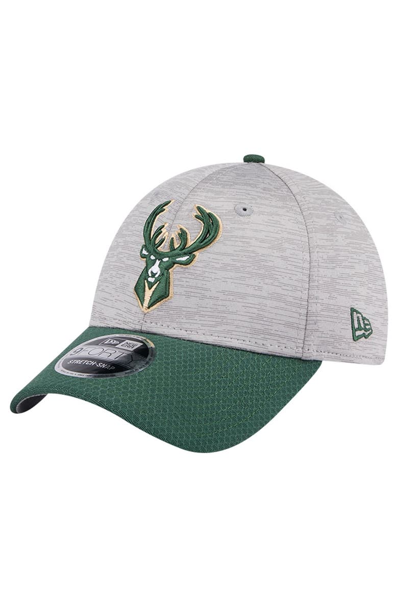 New Era Men's New Era Heather Gray/Hunter Green Milwaukee Bucks Active Digi-Tech Two-Tone 9FORTY Adjustable Hat, Main, color, Heather Gray