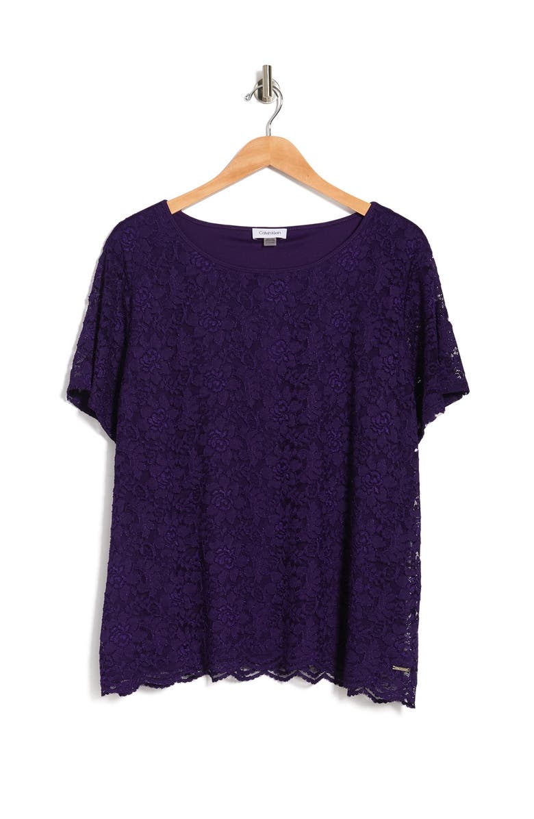 Calvin Klein Textured Lace Scallop Hem Top, Alternate, color,